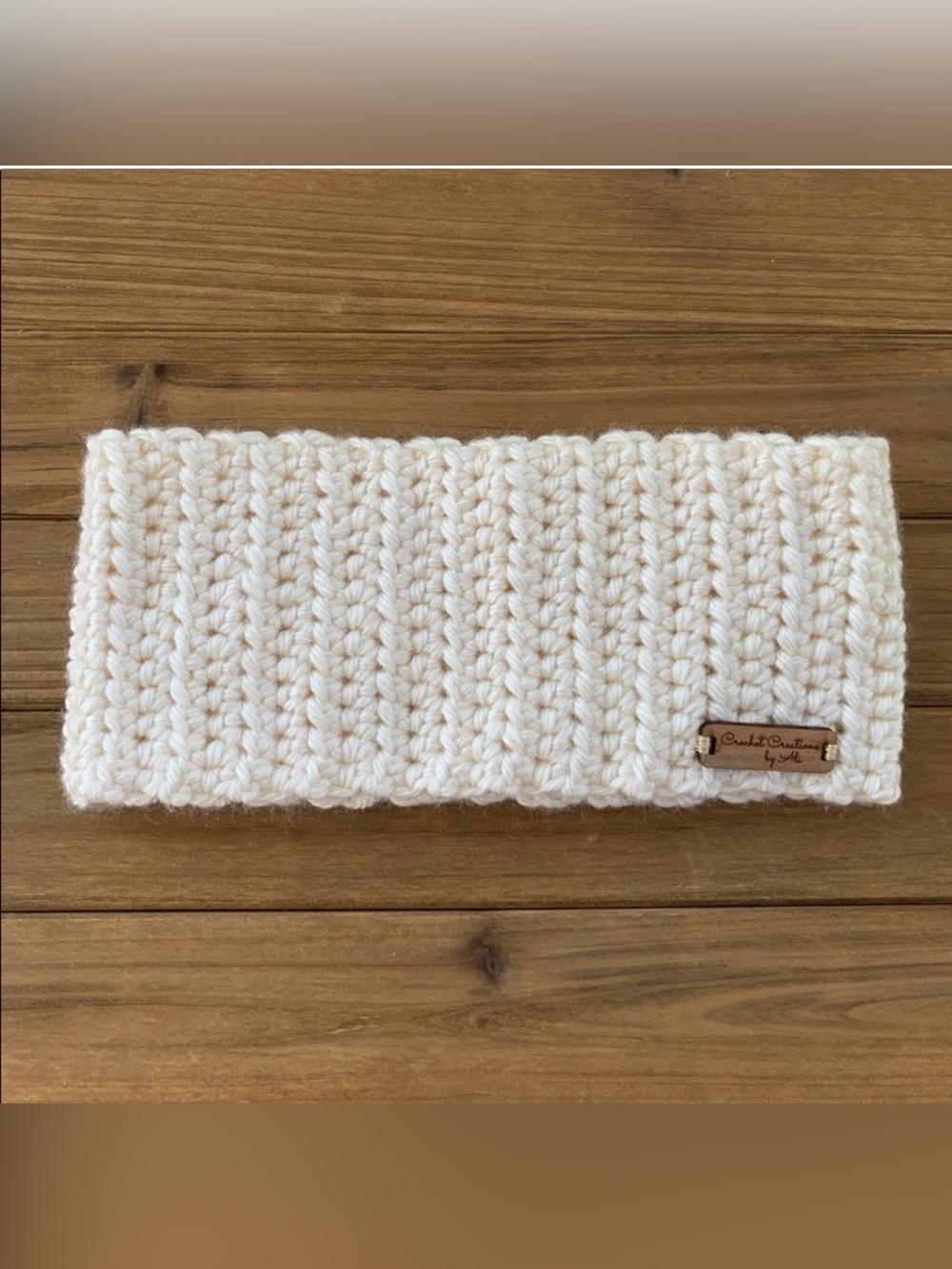 Handmade Cream Crochet Ear Warmer with Logo Tag